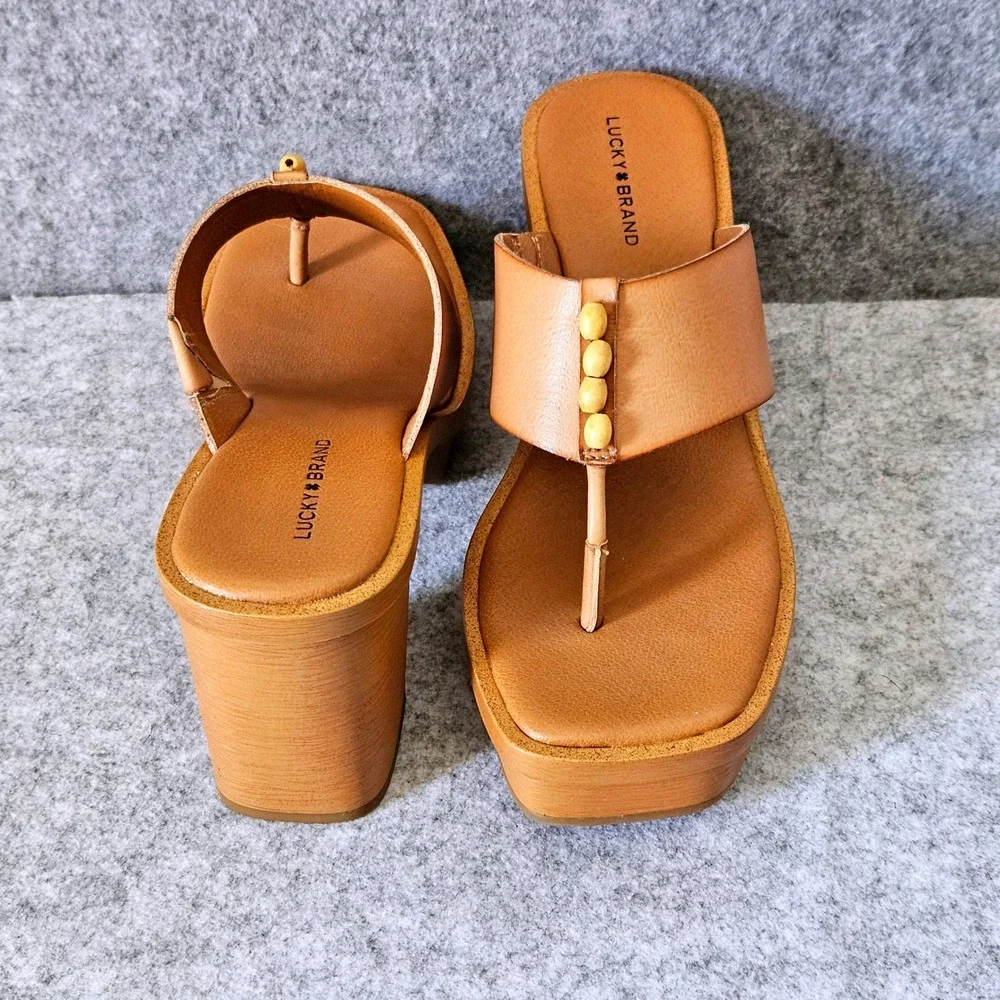 Lucky Brand Womens Tan Leather Beaded Thong Platform Block Heel Sandals Size 9M - Picture 2 of 10